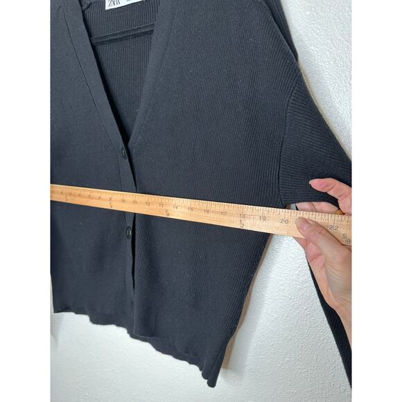 Zara Black Ribbed V-Neck Front Button Long Sleeve Cardigan Sweater S - Picture 4 of 9